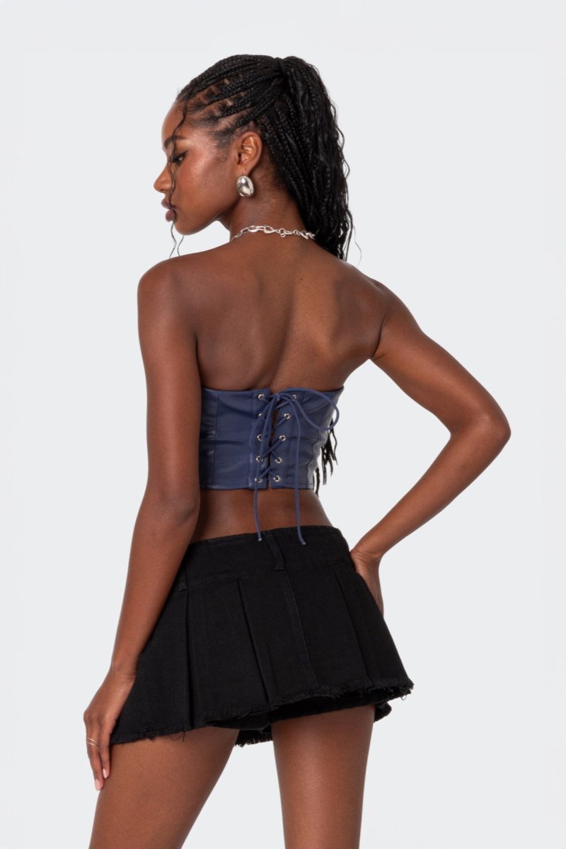 Edikted Mazie Faux Leather Bandeau Strapless Tops Navy | USA WG559235B1