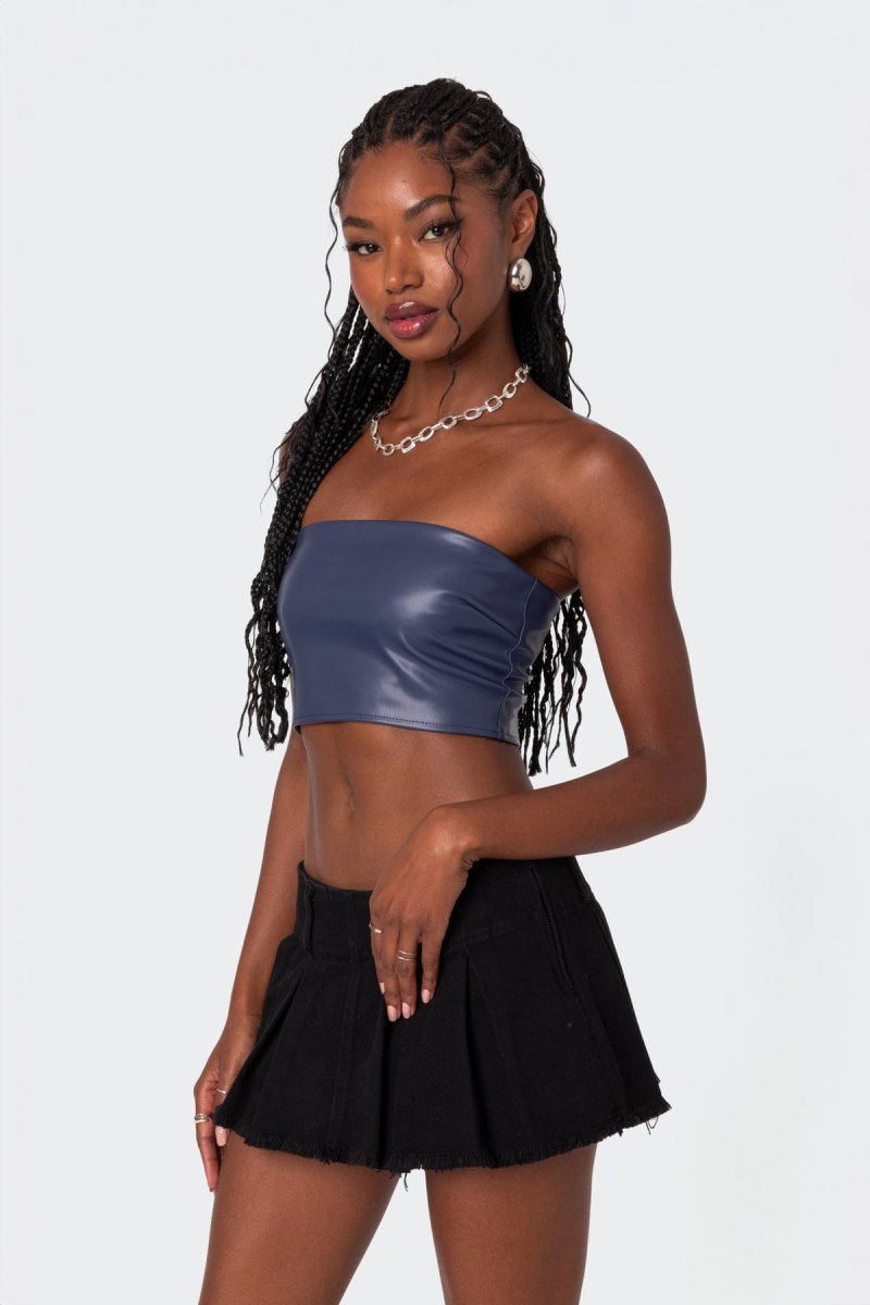 Edikted Mazie Faux Leather Bandeau Strapless Tops Navy | USA WG559235B1