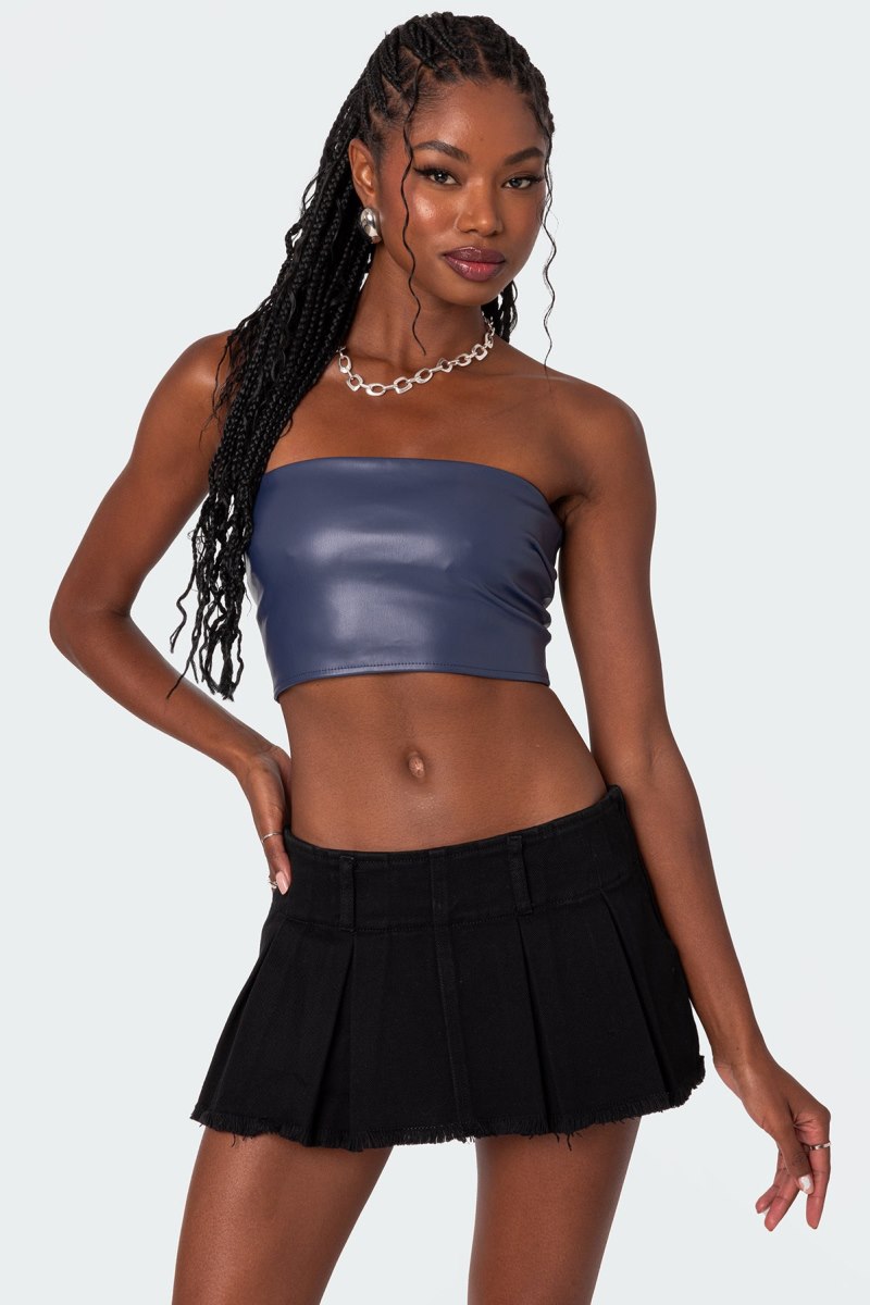 Edikted Mazie Faux Leather Bandeau Strapless Tops Navy | USA WG559235B1