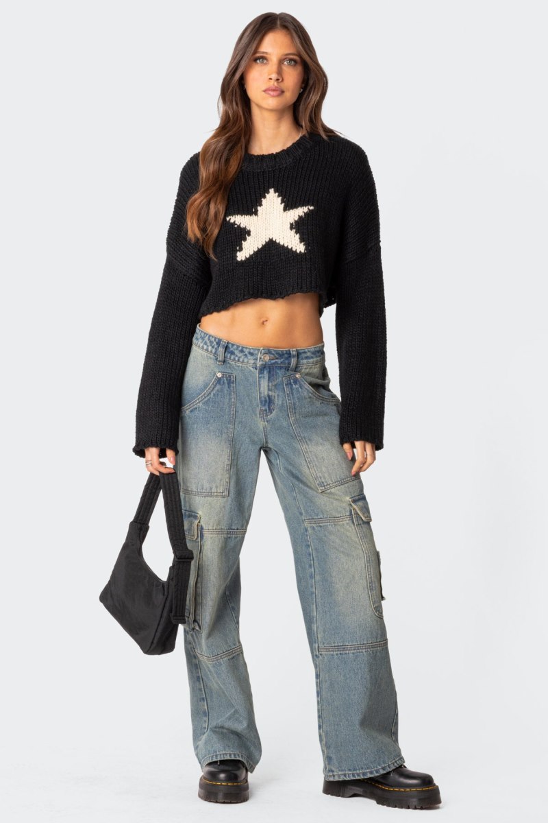 Edikted Mega Star Cropped Sweater Crop Tops Black | USA UQ551615M4