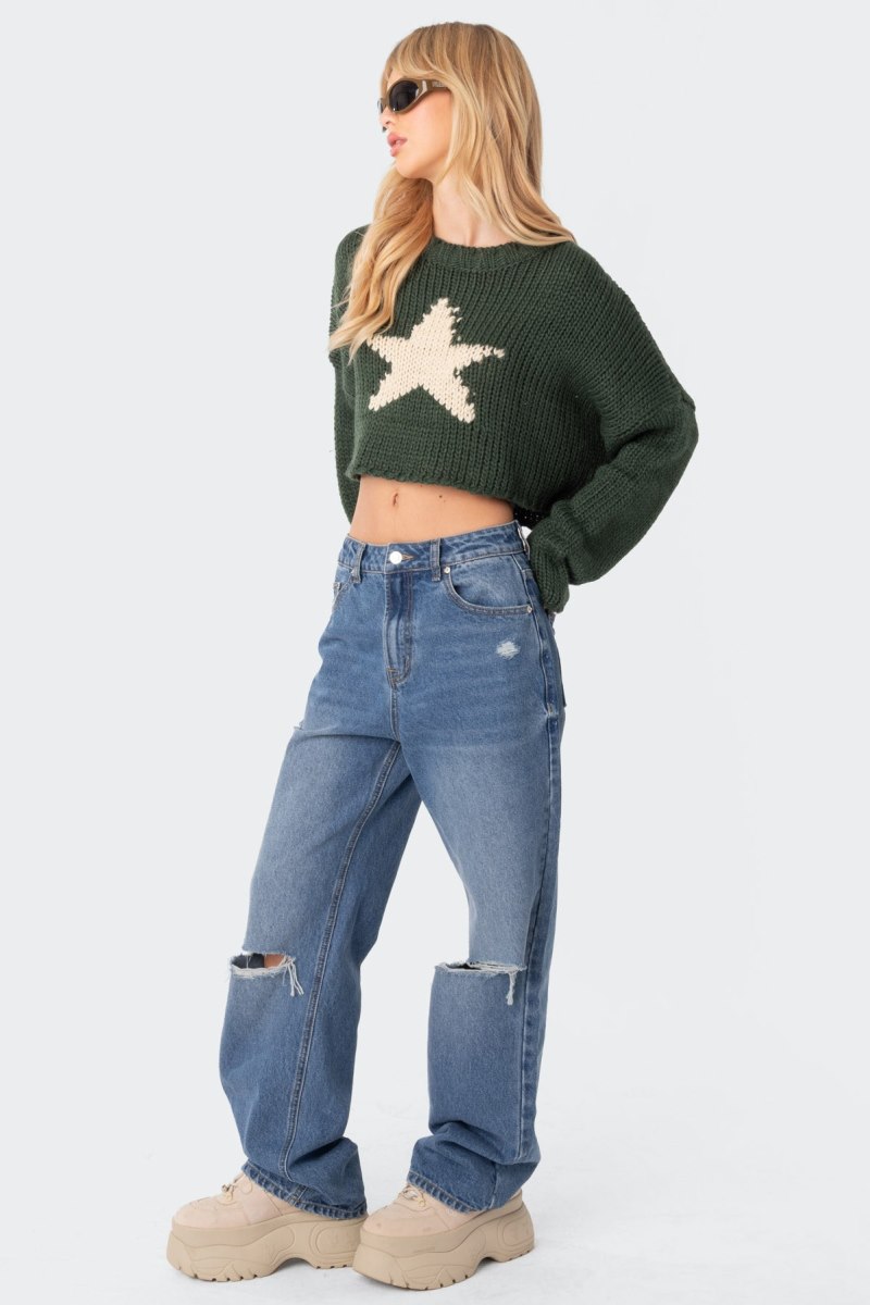 Edikted Mega Star Cropped Sweater Long Sleeve Tops Black | USA VM856115E9