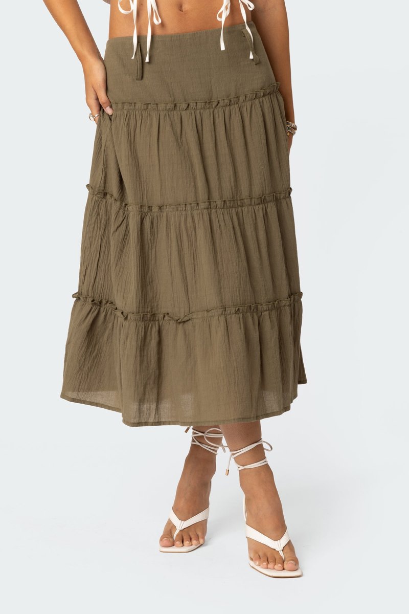 Edikted Melinda Tiered Midi Skirts Olive | USA WH472257I2