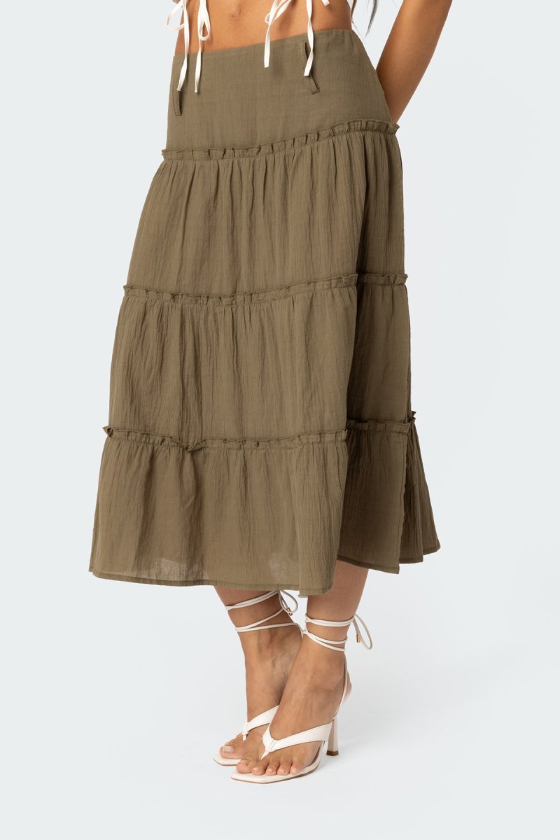 Edikted Melinda Tiered Midi Skirts Olive | USA WH472257I2