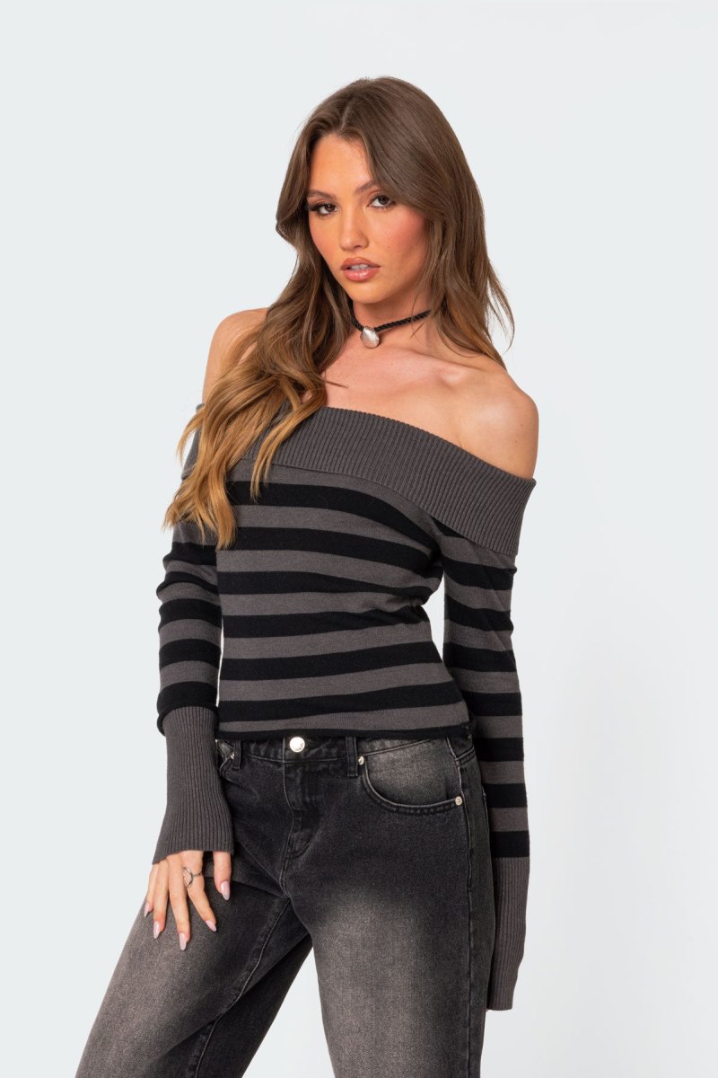 Edikted Melody Fold Over Striped Sweater Black And Gray | USA UL597189R4