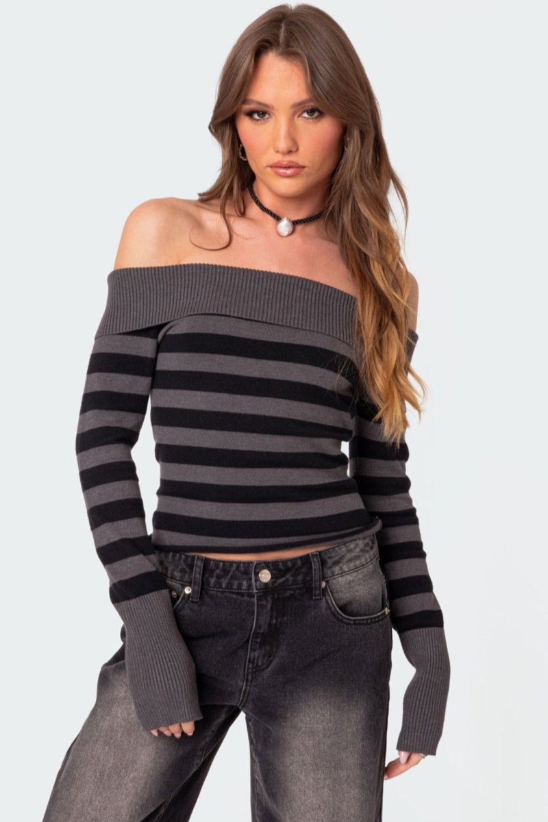 Edikted Melody Fold Over Striped Sweater Black And Gray | USA UL597189R4