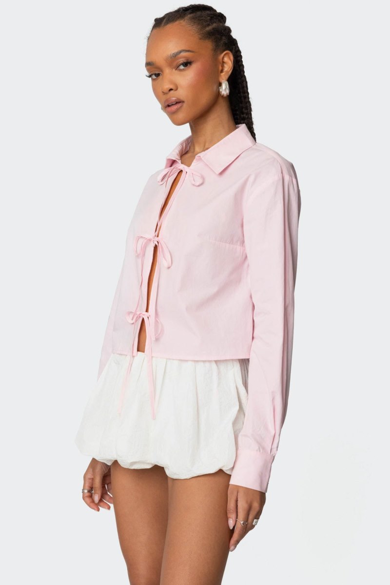 Edikted Melrose Tie Front Collared Long Sleeve Tops Light Pink | USA ZI238183L8
