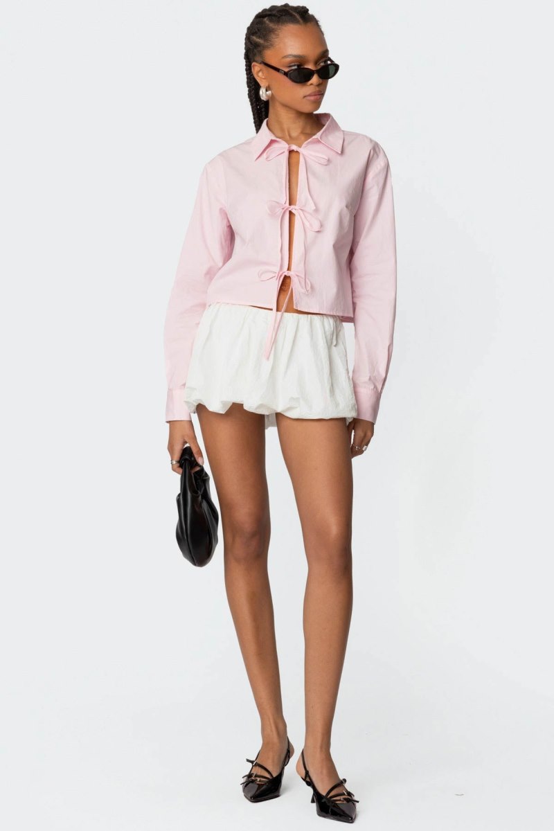 Edikted Melrose Tie Front Collared Long Sleeve Tops Light Pink | USA ZI238183L8