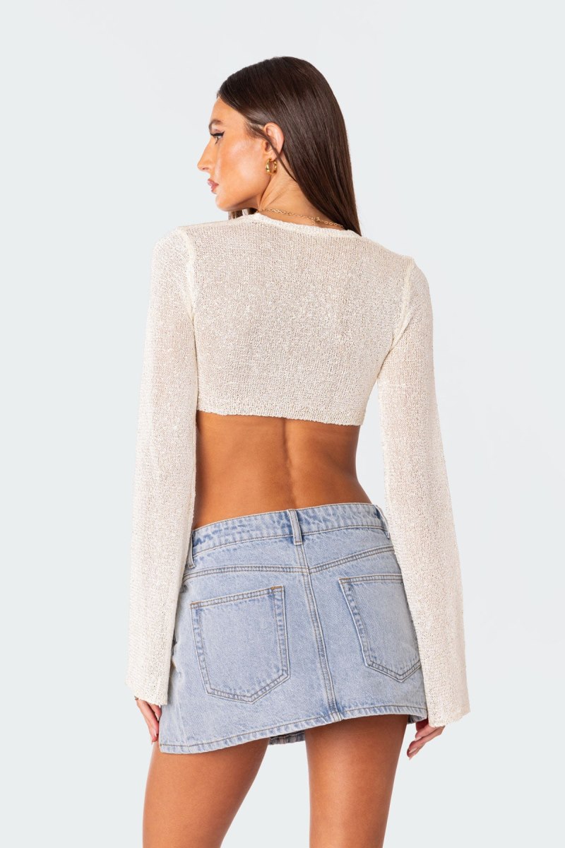 Edikted Micro Sequin Tie Front Knit Crop Long Sleeve Tops Black | USA WO554585R7