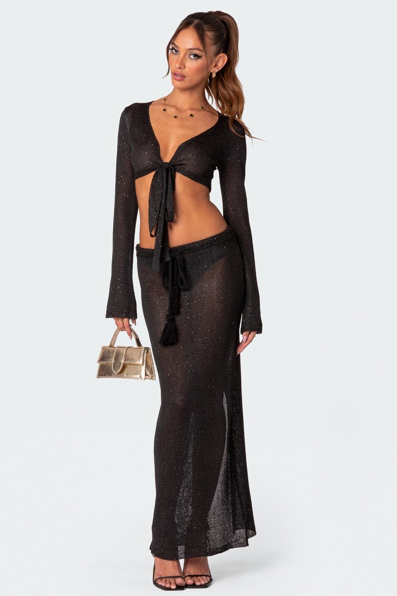 Edikted Micro Sequin Tie Front Knit Crop Tops Black | USA YI211901D7