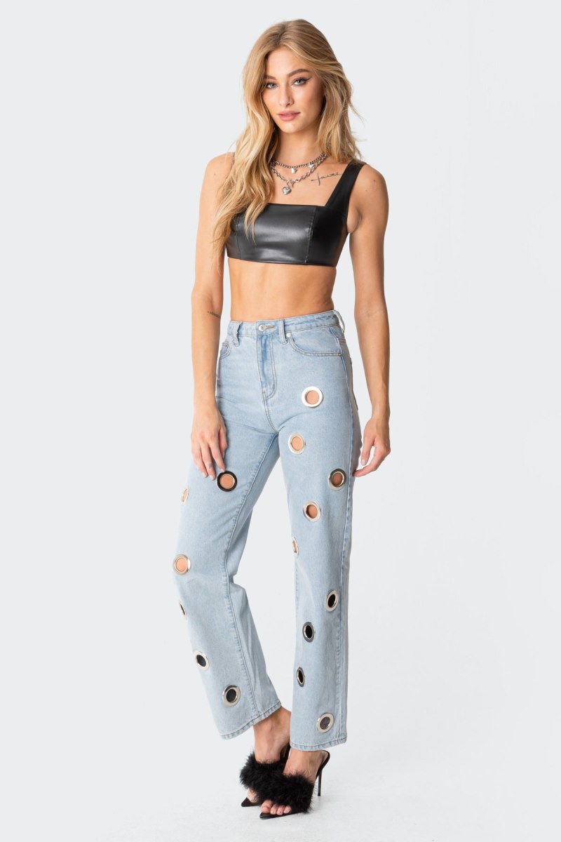 Edikted Midnight Faux Leather Crop Tops Black | USA KH729332A0