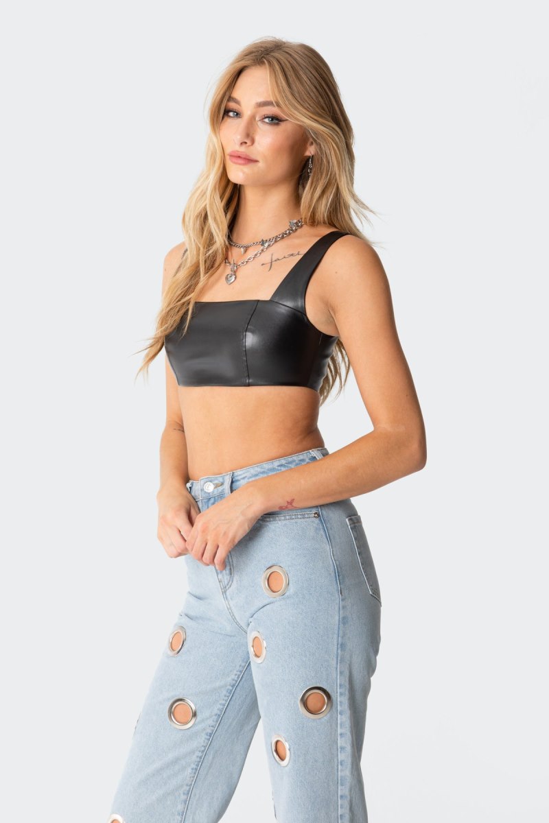 Edikted Midnight Faux Leather Crop Tops Black | USA KH729332A0