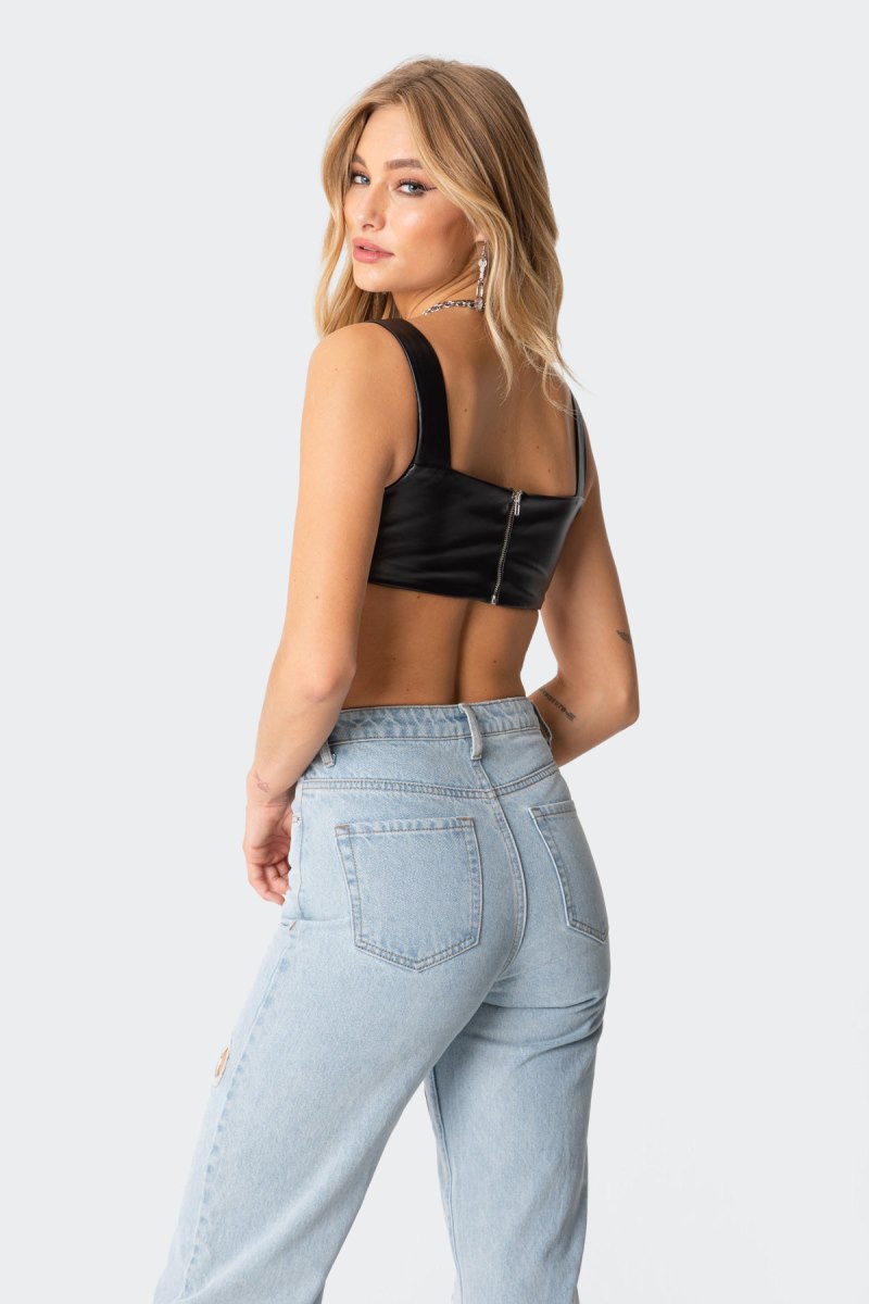 Edikted Midnight Faux Leather Crop Tops Black | USA KH729332A0