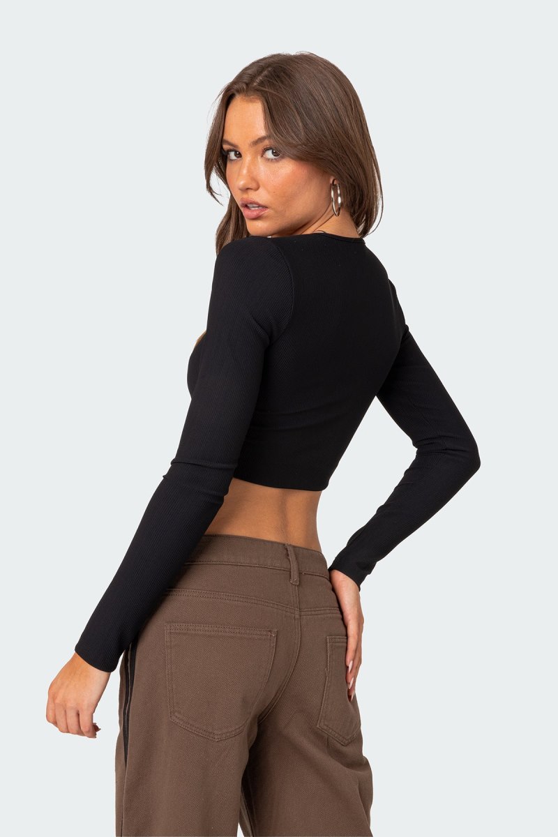 Edikted Milady Ribbed Crop Long Sleeve Tops Black | USA JZ381848I9