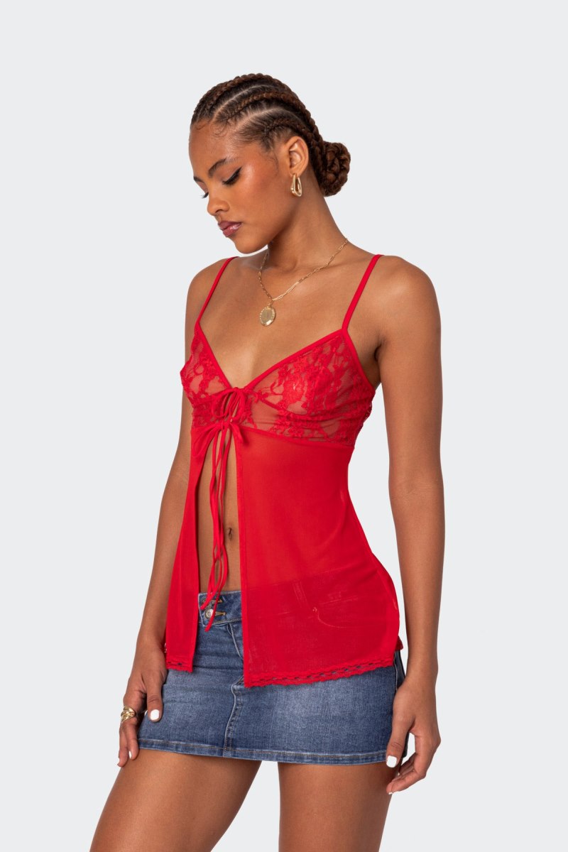Edikted Mimosa Sheer Lace Long Tank Top Red | USA GT000110L3