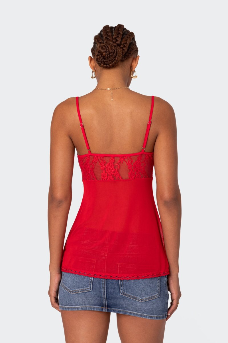 Edikted Mimosa Sheer Lace Long Tank Top Red | USA GT000110L3