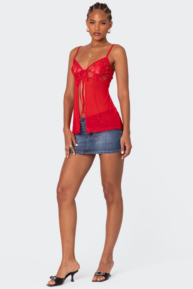 Edikted Mimosa Sheer Lace Long Tank Top Red | USA GT000110L3