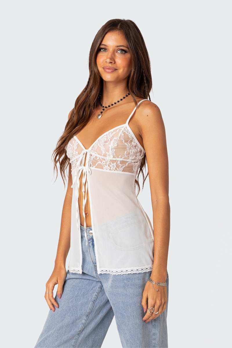 Edikted Mimosa Sheer Lace Long Tank Top Red | USA GO252375E9