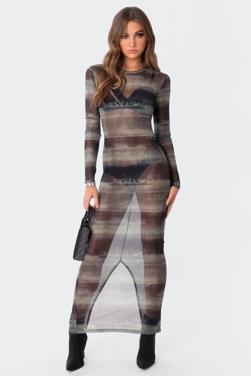 Edikted Mindful Sheer Mesh Maxi Long Sleeve Dress Mix | USA JO540564B0