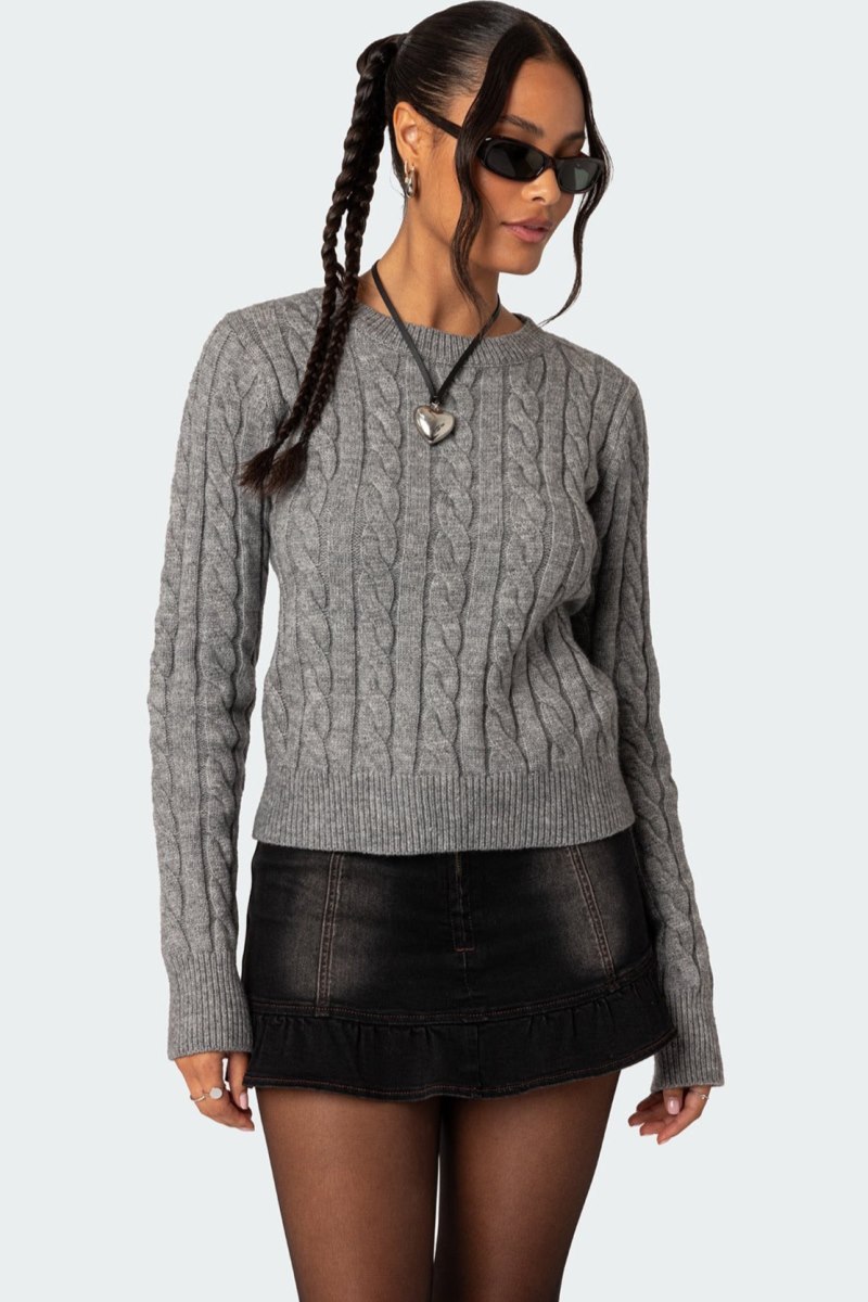Edikted Minka Fitted Cable Knit Sweater Gray Melange | USA BI773217Z9