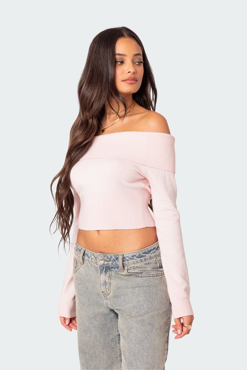 Edikted Minnie Cropped Fold Over Knit Long Sleeve Tops Light Pink | USA JT036193V2