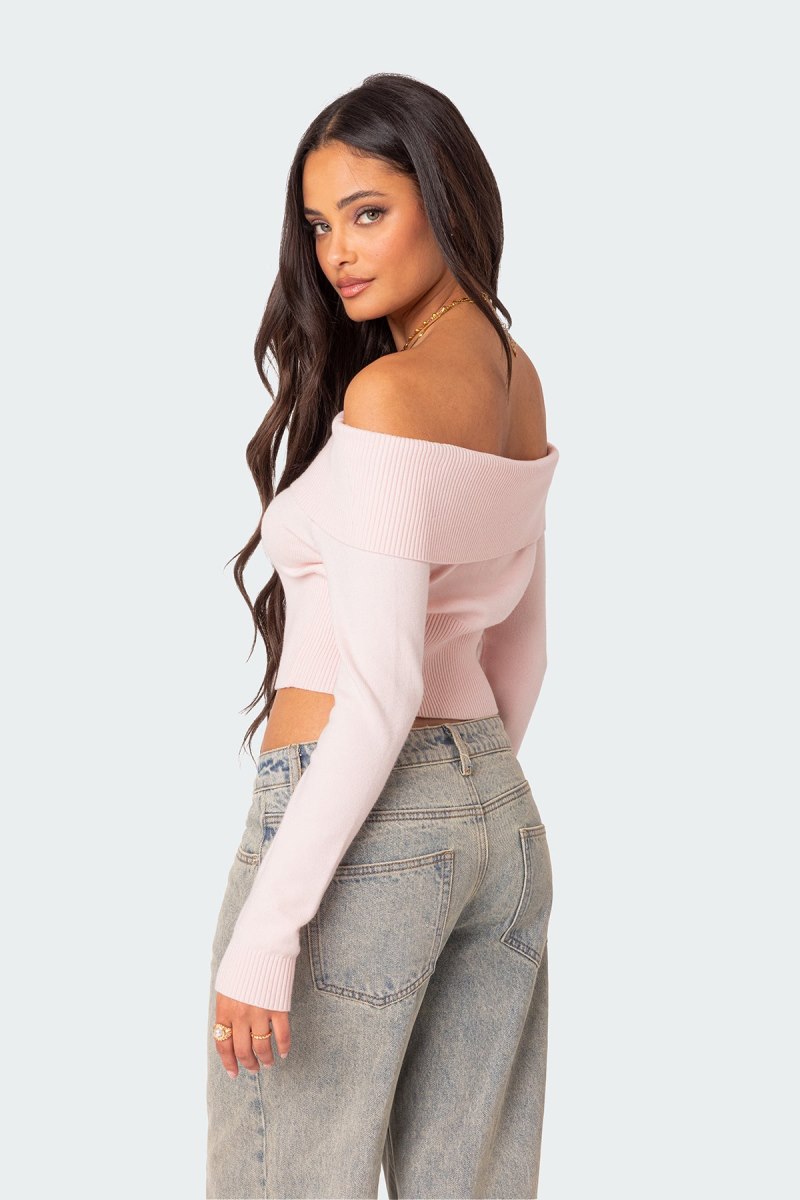 Edikted Minnie Cropped Fold Over Knit Long Sleeve Tops Light Pink | USA JT036193V2