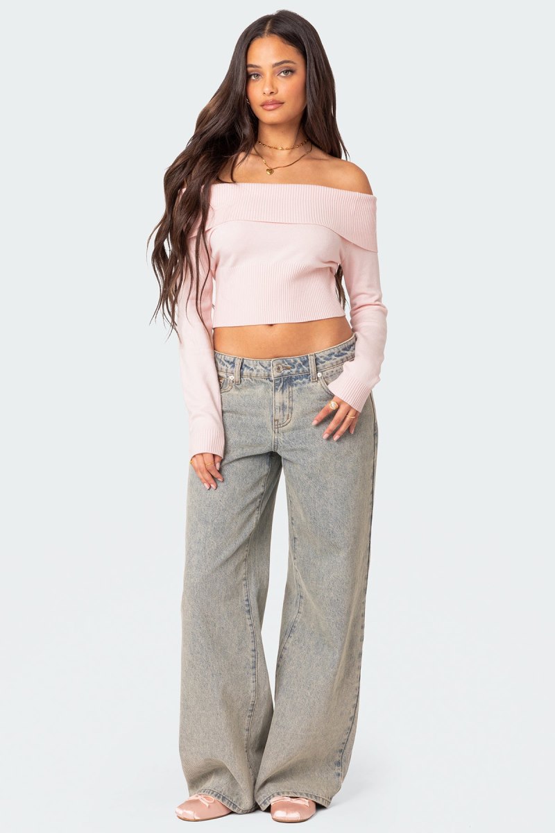 Edikted Minnie Cropped Fold Over Knit Long Sleeve Tops Light Pink | USA JT036193V2
