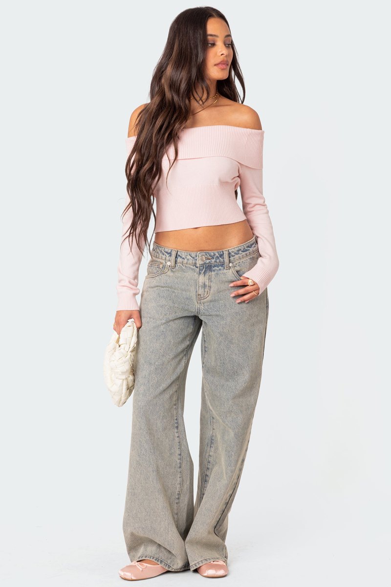 Edikted Minnie Cropped Fold Over Knitted Tops Light Pink | USA OA419501T7