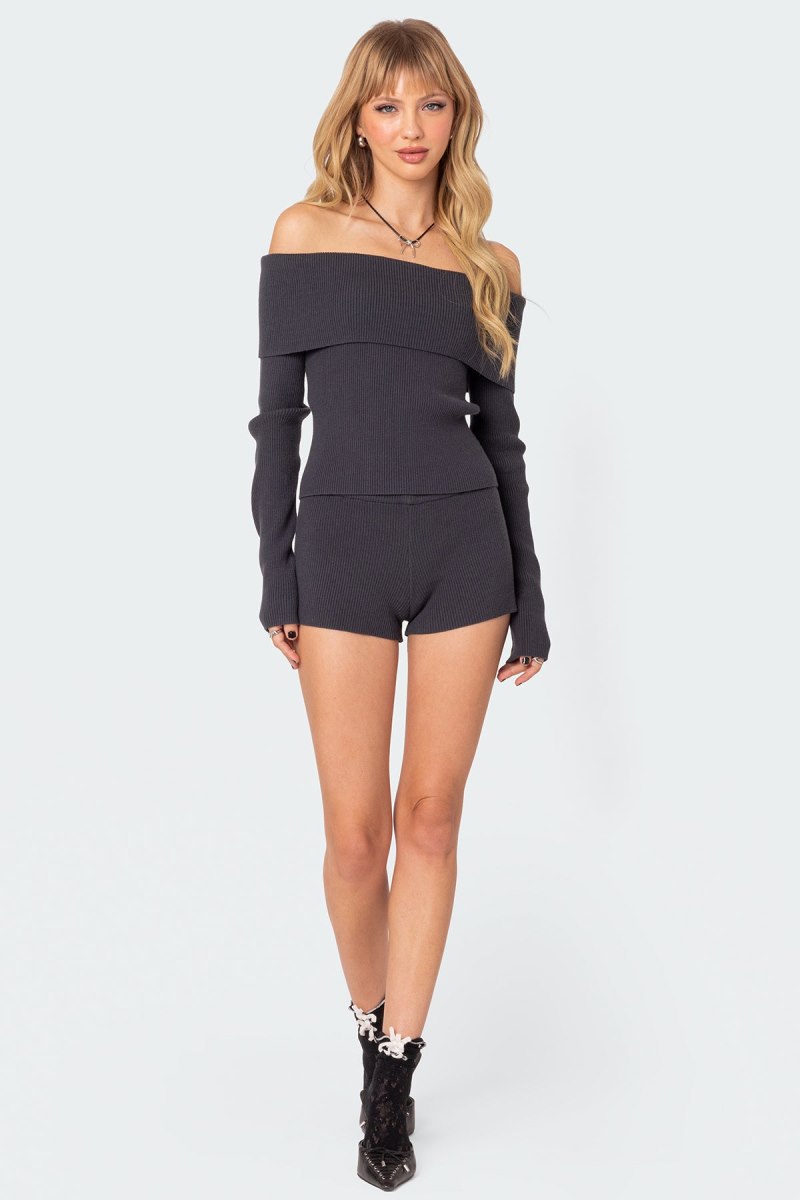 Edikted Miriam Fold Over Knit Long Sleeve Tops Dark Gray | USA DS081648M3