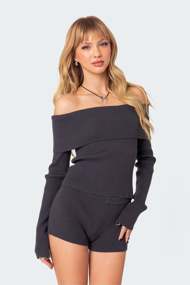 Edikted Miriam Fold Over Knit Long Sleeve Tops Dark Gray | USA DS081648M3