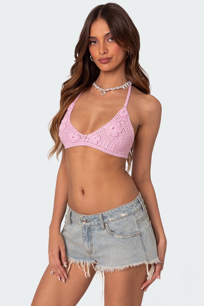 Edikted Missy Crochet Bra Crop Tops Light Pink | USA DM689108A9