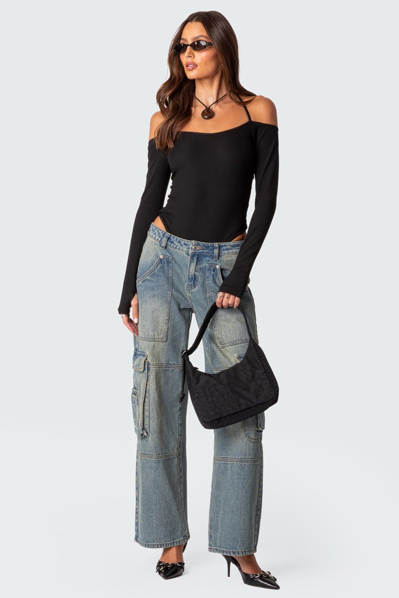 Edikted Model Off Duty Ribbed Bodysuit Long Sleeve Tops Black | USA XR954485J5