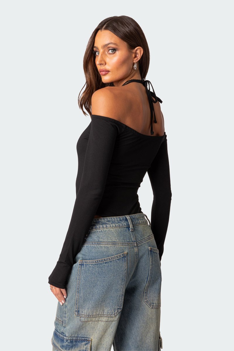 Edikted Model Off Duty Ribbed Bodysuit Long Sleeve Tops Black | USA XR954485J5