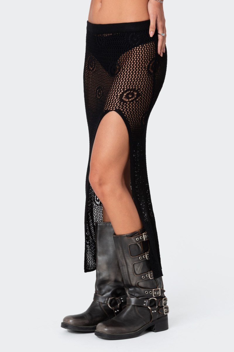 Edikted Monica Crochet Slitted Midi Skirts Black | USA ZV776977C3