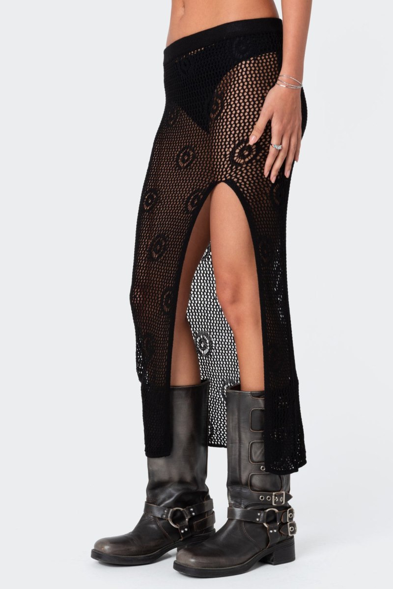 Edikted Monica Crochet Slitted Midi Skirts Black | USA ZV776977C3