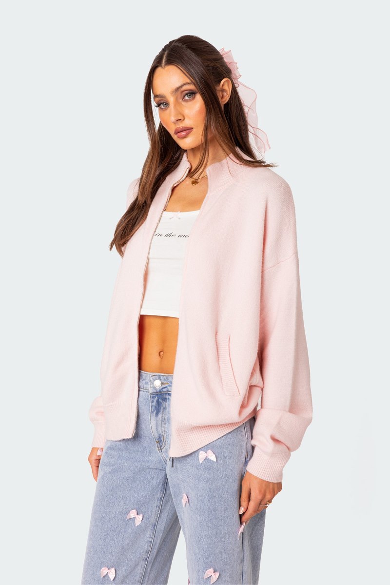 Edikted Montie Oversized Double Zip Cardigan Long Sleeve Tops Light Pink | USA KF341674T9