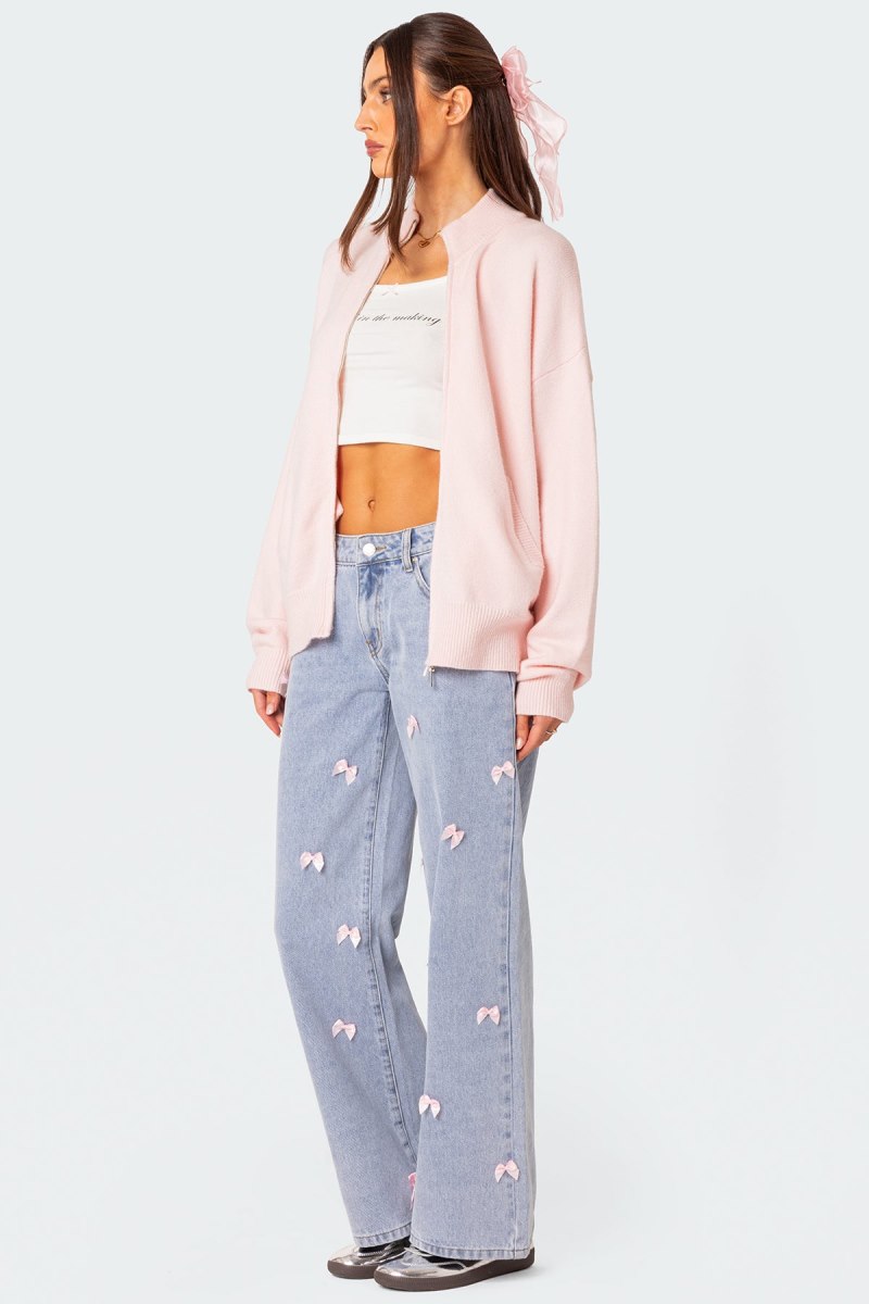 Edikted Montie Oversized Double Zip Cardigan Long Sleeve Tops Light Pink | USA KF341674T9