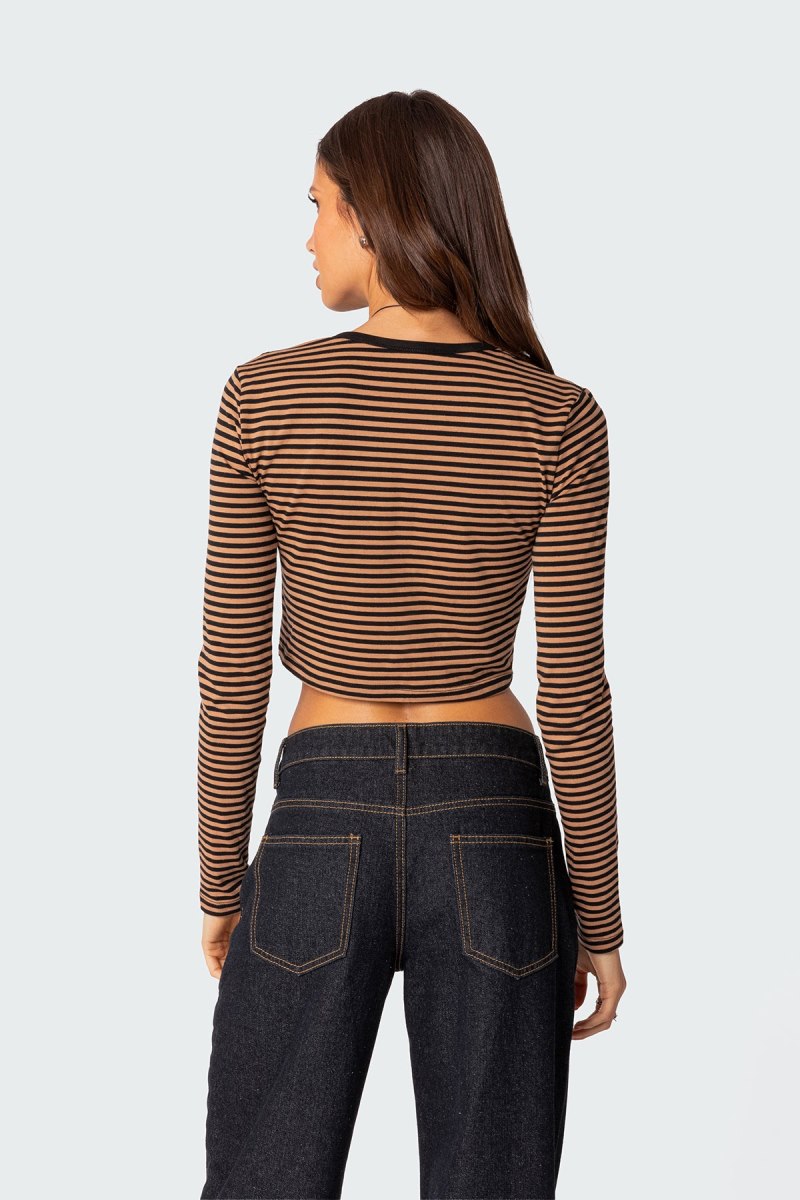 Edikted Montie Striped Long Sleeve T-Shirt Crop Tops Brown | USA TO970577C4