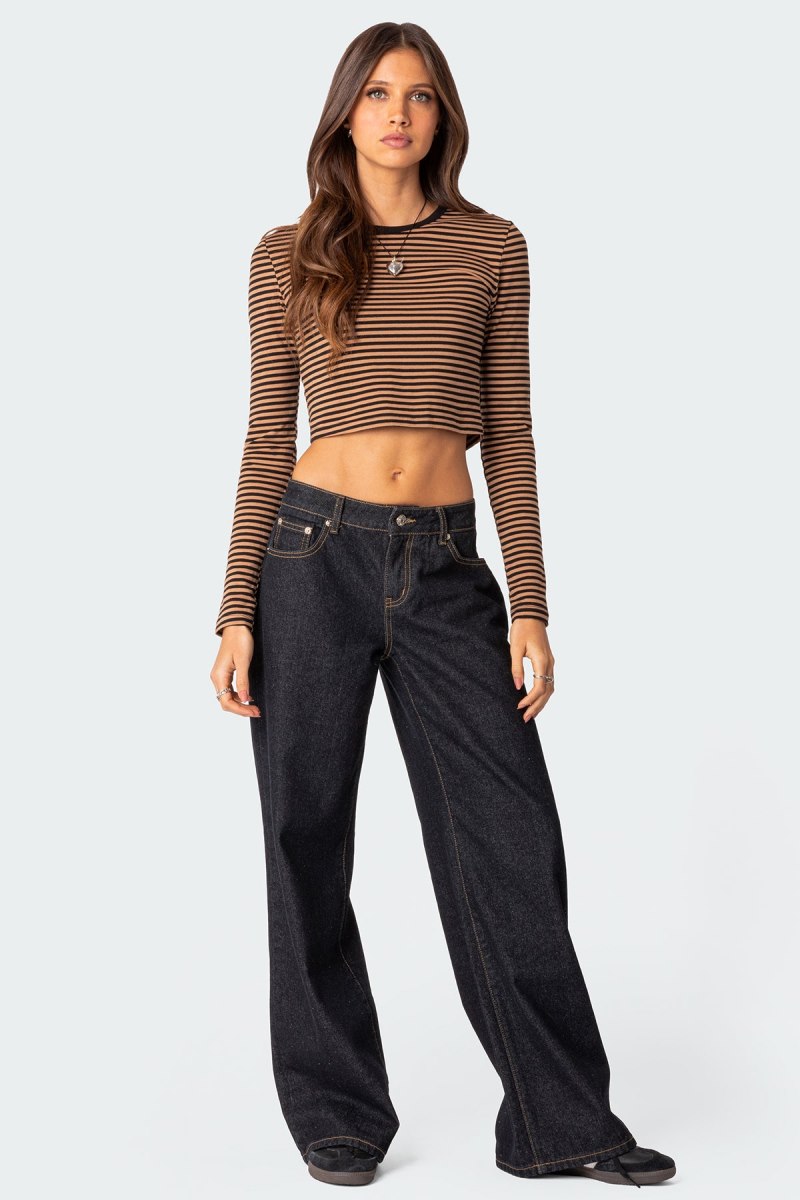 Edikted Montie Striped Long Sleeve T-Shirt Crop Tops Brown | USA TO970577C4