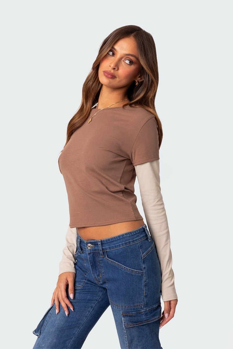 Edikted Mood Layered Long Sleeve T Shirts Brown | USA FE388768M8