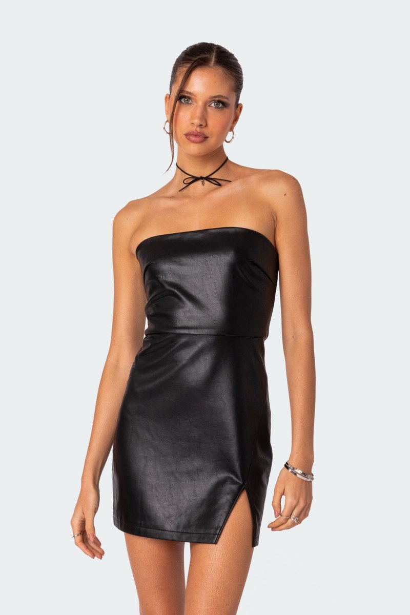 Edikted Moon Sign Faux Leather Mini Dress Black | USA WZ189008G7