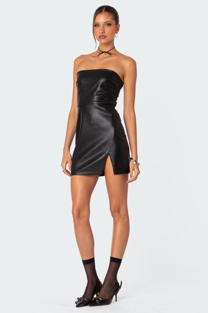 Edikted Moon Sign Faux Leather Mini Dress Black | USA WZ189008G7