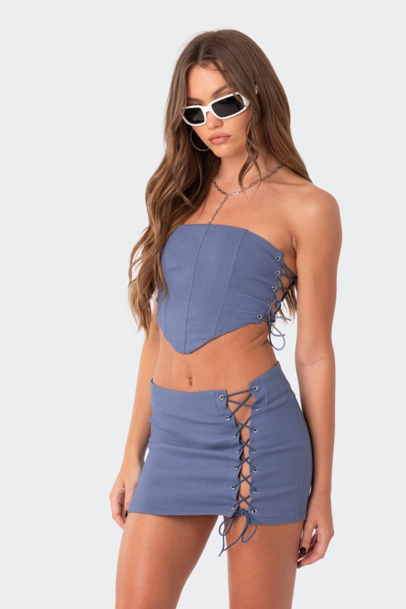 Edikted Murphy Side Lace-Up Corset Strapless Tops Black | USA YK296549A8