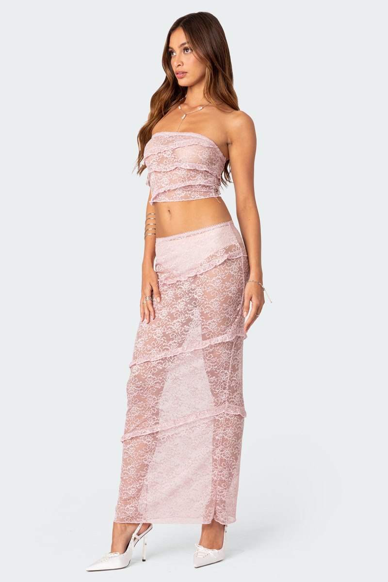 Edikted Myra Sheer Lace Ruffle Tube Strapless Tops Light Pink | USA KE508210K9