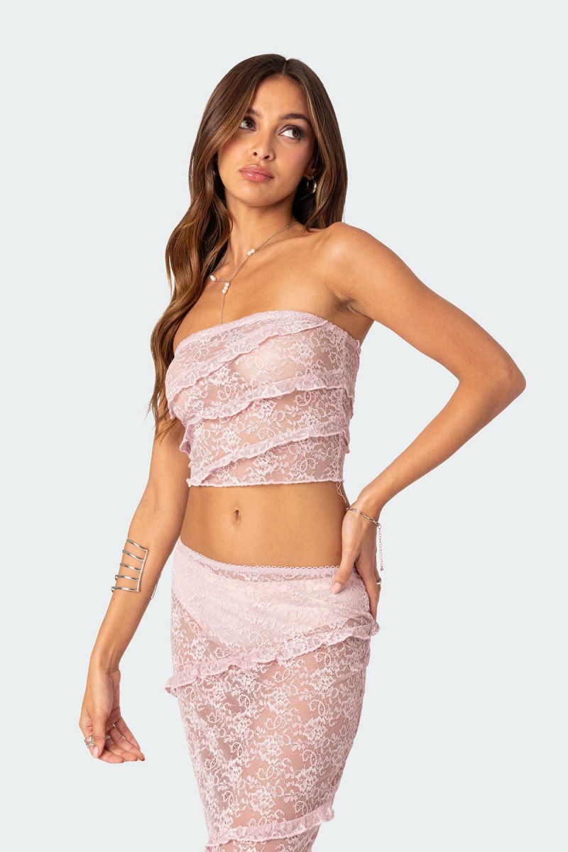 Edikted Myra Sheer Lace Ruffle Tube Strapless Tops Light Pink | USA KE508210K9
