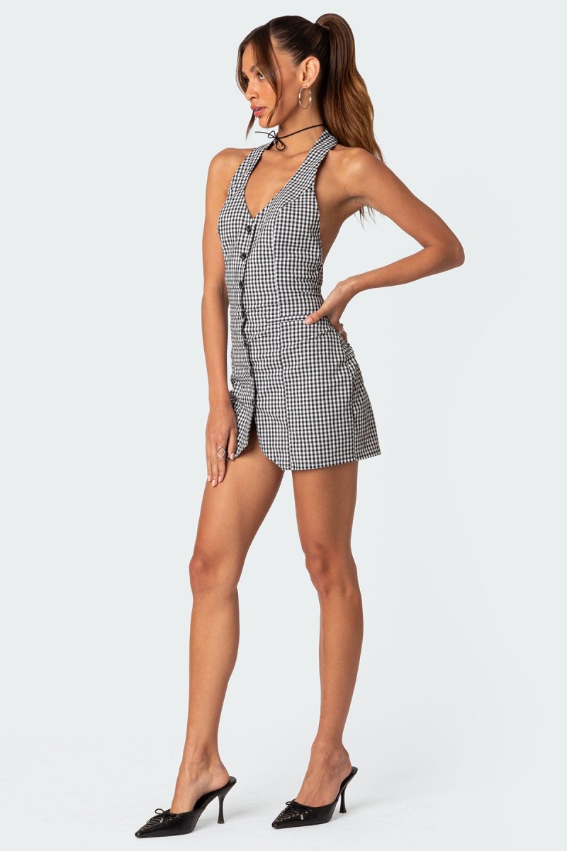 Edikted Narissa Gingham Open Back Mini Dress LBD Black And White | USA XO913451T4