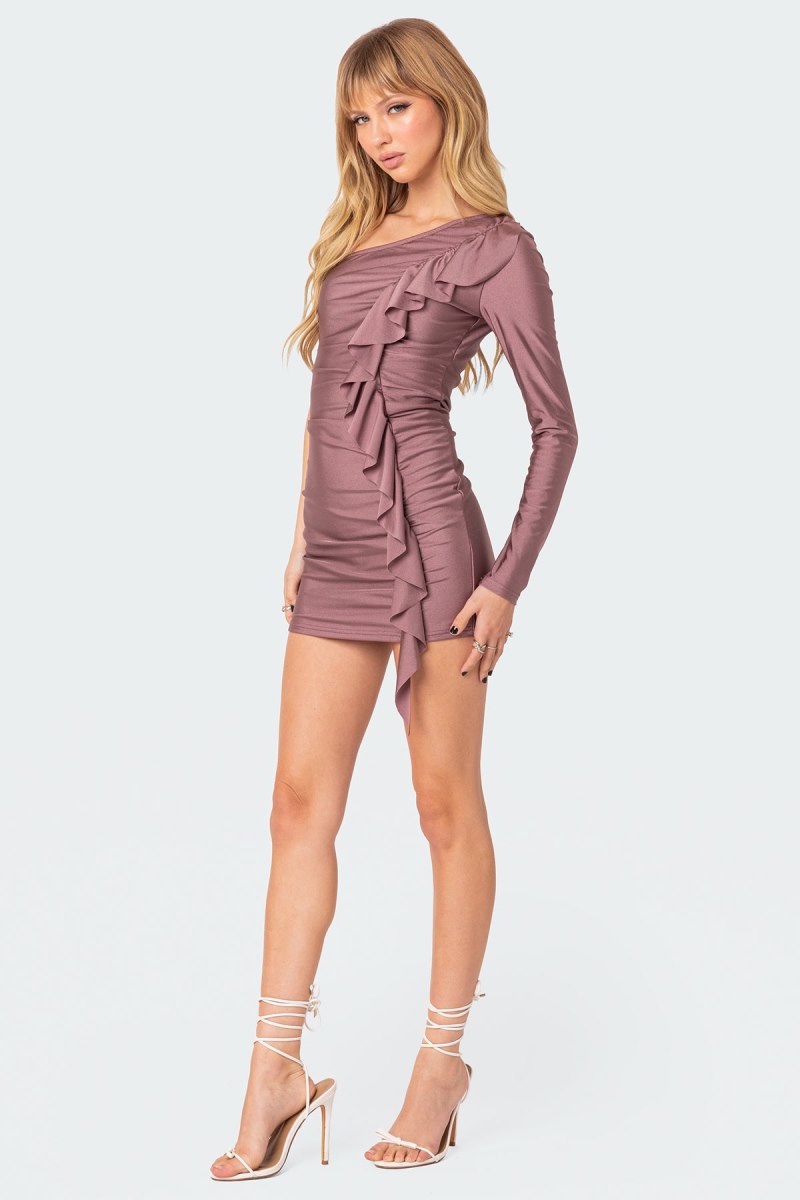 Edikted Nash One Shoulder Ruffle Mini Dress Mauve | USA WV799139D2