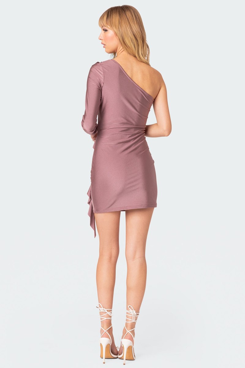 Edikted Nash One Shoulder Ruffle Mini Long Sleeve Dress Mauve | USA DV462136I0