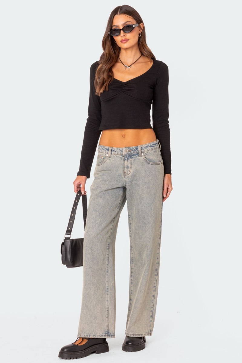 Edikted Nat Ruched V Neck Long Sleeve Tops Black | USA RJ892579S9