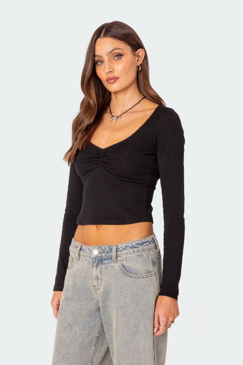 Edikted Nat Ruched V Neck Long Sleeve Tops Black | USA RJ892579S9