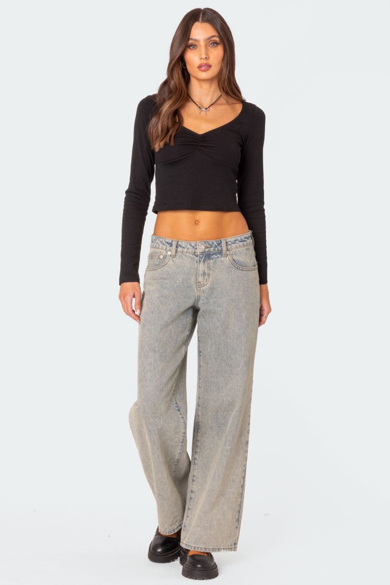 Edikted Nat Ruched V Neck Long Sleeve Tops Black | USA RJ892579S9